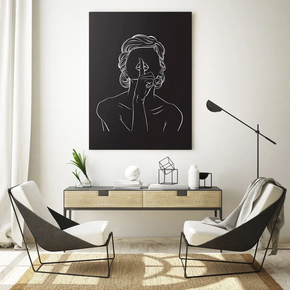 Obraz na szkle - Minimalistyczna sylwetka kobiety z gestem ciszy - 50x70cm - Piękno rozkwita w ciszy - Nowoczesna dekoracja ścienna do salonu, kuchni i sypialni ARTTOR