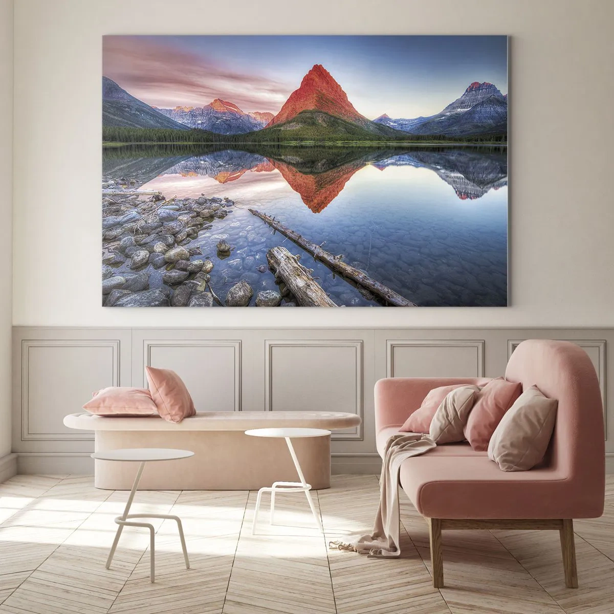 Obraz na szkle - Górski szczyt odbijający się w spokojnym jeziorze - 70x50cm - Żar i chłód - Nowoczesna dekoracja ścienna do salonu i sypialni ARTTOR