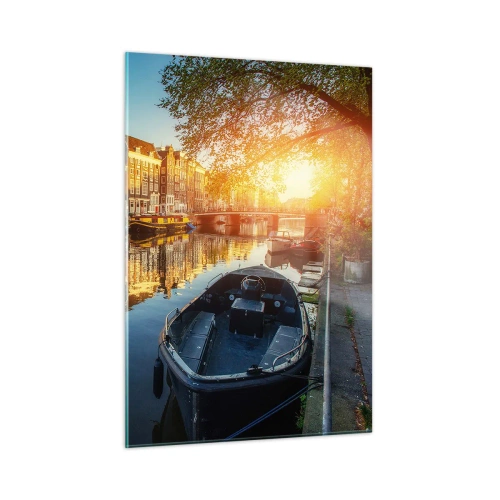 Obraz na szkle - Kanał w Amsterdamie o zachodzie słońca - 50x70cm - Poranek w Amsterdamie - Nowoczesna dekoracja ścienna do salonu, kuchni i sypialni ARTTOR