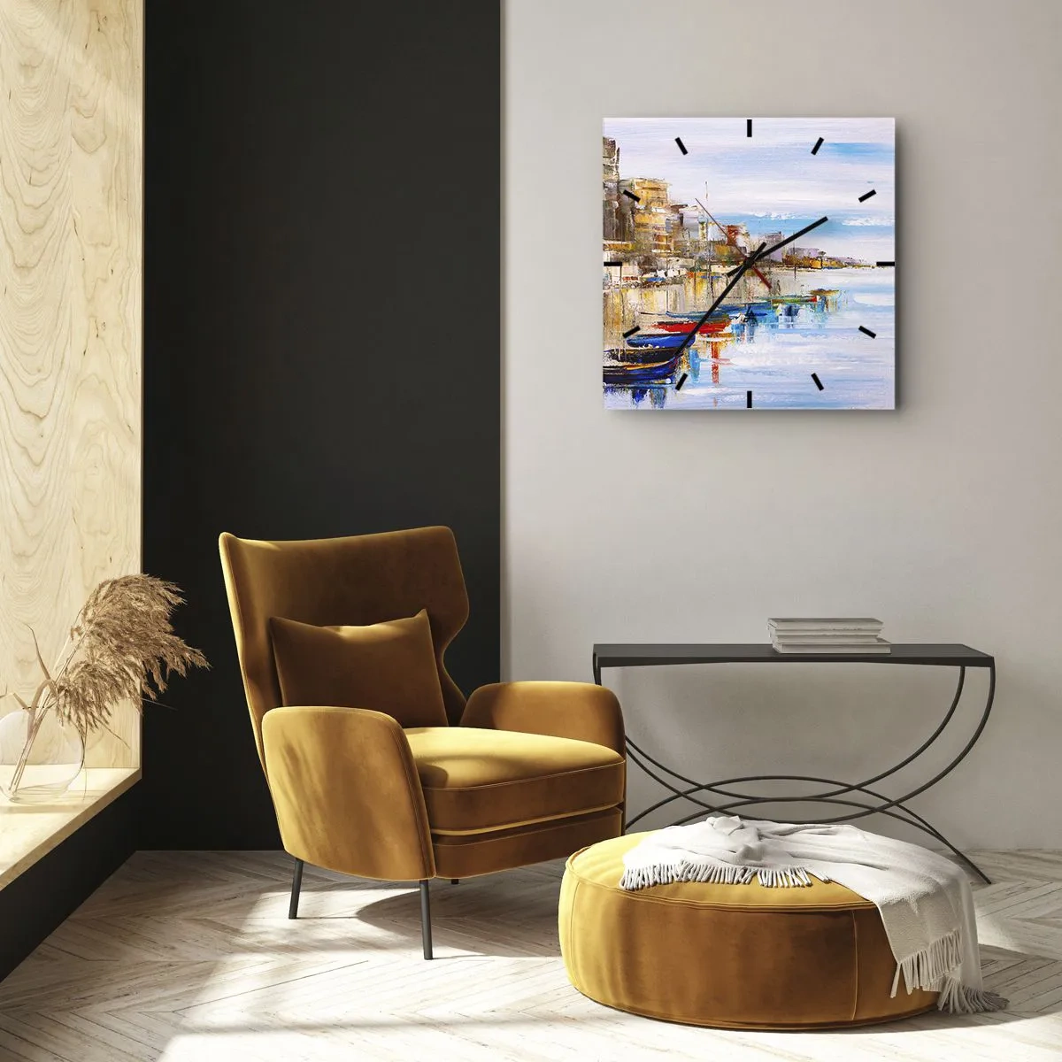Zegar ścienny - Wielobarwna miejska przystań - 40x40 cm