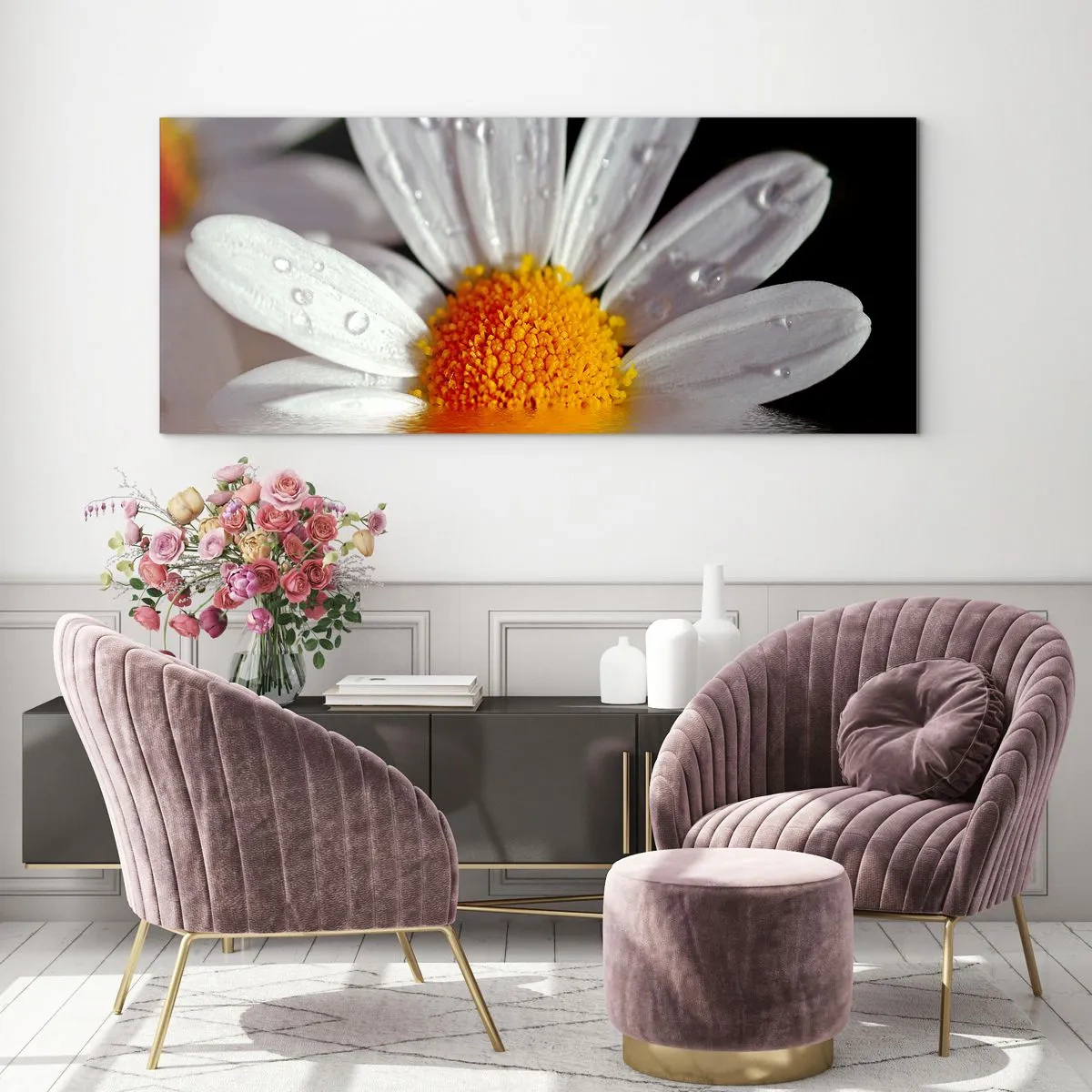 Obraz na szkle - Wschodzące słońce margaretki - 100x40 cm