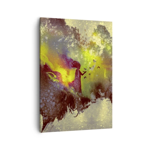 Obraz na płótnie - Sylwetka dziewczynki w otoczeniu świetlistych barw i natury - 50x70cm - Matka Natura - Nowoczesna dekoracja ścienna do salonu, kuchni i sypialni ARTTOR
