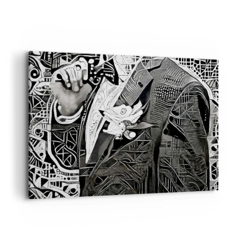 Obraz na płótnie - Elegancka abstrakcja z mężczyzną w garniturze w czerni i bieli - 100x70cm - Tylko na pozór szary człowiek - Nowoczesna dekoracja ścienna do salonu, kuchni i sypialni ARTTOR