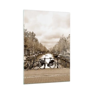 Obraz na szkle - Most w Amsterdamie z rowerami w stylu retro - 50x70cm - Holenderskie klimaty - Nowoczesna dekoracja ścienna do salonu, kuchni i sypialni ARTTOR