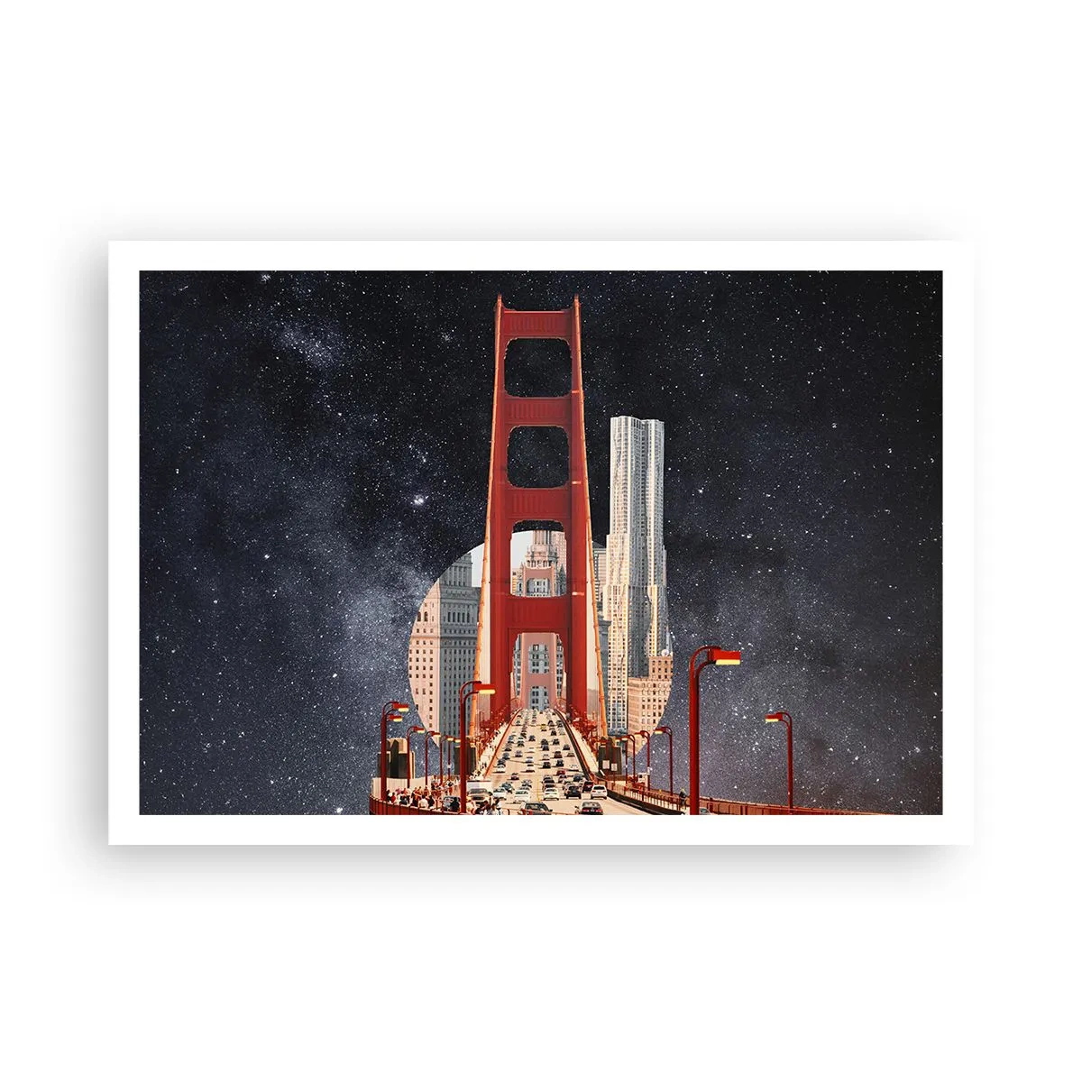 Plakat - Most Golden Gate z miastem w tle na tle gwiaździstego nieba - 100x70cm - Zawsze w centrum - Nowoczesna dekoracja ścienna do salonu i sypialni ARTTOR