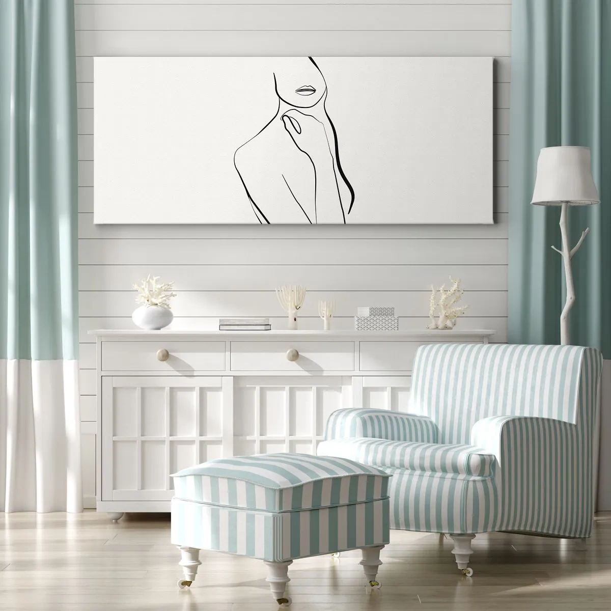 Obraz na płótnie - Minimalistyczny szkic sylwetki kobiety na jasnym tle - 160x50cm - Fala melancholii - Nowoczesna dekoracja ścienna do salonu i sypialni ARTTOR