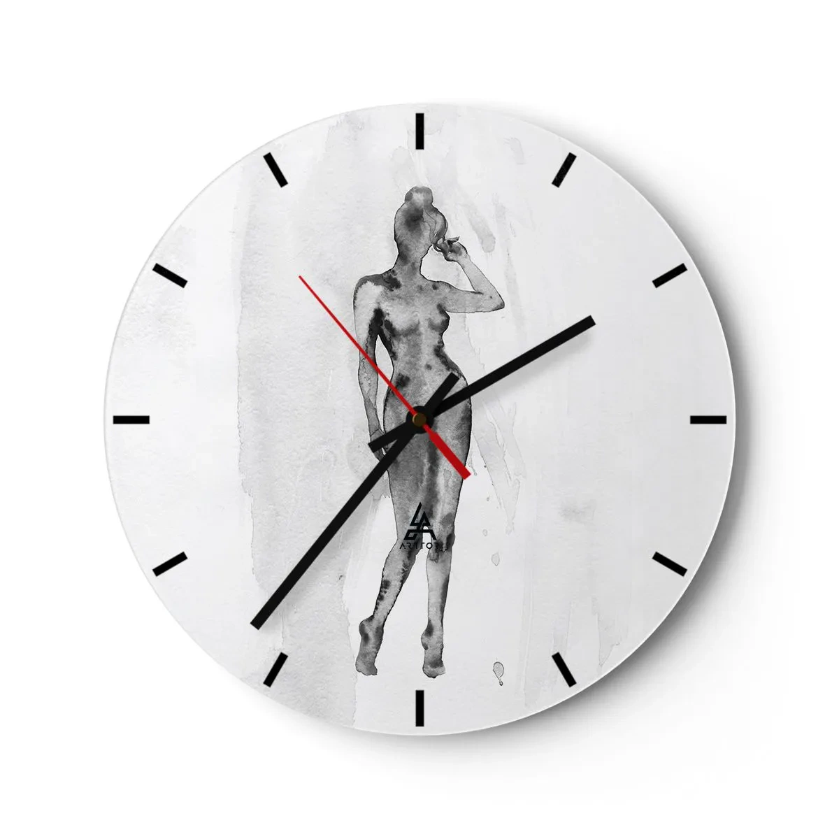 Zegar ścienny - Sylwetka kobiety w stylu akwareli na białym tle - 30x30cm - Studium ideału kobiecości - Nowoczesna dekoracja ścienna do salonu, kuchni i sypialni ARTTOR