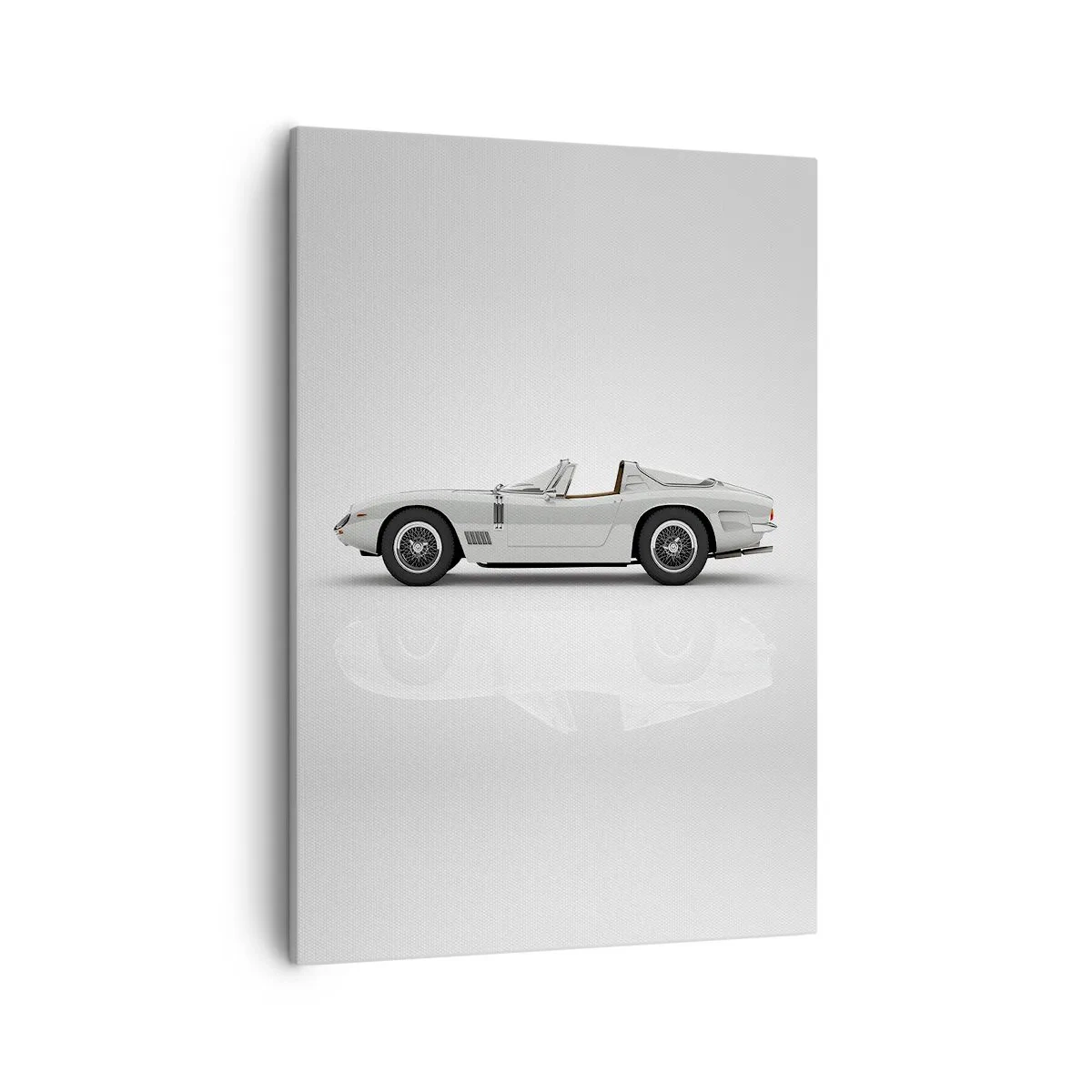 Obraz na płótnie - Klasyczny biały kabriolet na jasnym tle z odbiciem na podłodze - 50x70cm - Obietnica zabawy - Nowoczesna dekoracja ścienna do salonu, kuchni i sypialni ARTTOR