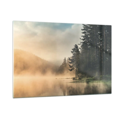 Obraz na szkle - Mglisty poranek nad leśnym jeziorem - 120x80cm - Narodziny dnia - Nowoczesna dekoracja ścienna do salonu, kuchni i sypialni ARTTOR