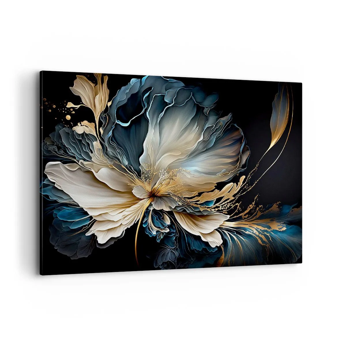 Obraz na płótnie - Kwiat w odcieniach złota i granatu na czarnym tle - 100x70cm - Baśniowy kwiat paproci - Nowoczesna dekoracja ścienna do salonu, kuchni i sypialni ARTTOR