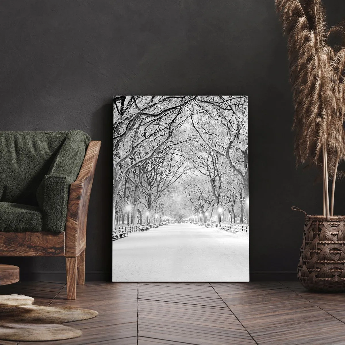 Obraz na płótnie - Zimowy park z ośnieżonymi drzewami i alejką - 50x70cm - Cztery pory roku – zima - Nowoczesna dekoracja ścienna do salonu, kuchni i sypialni ARTTOR
