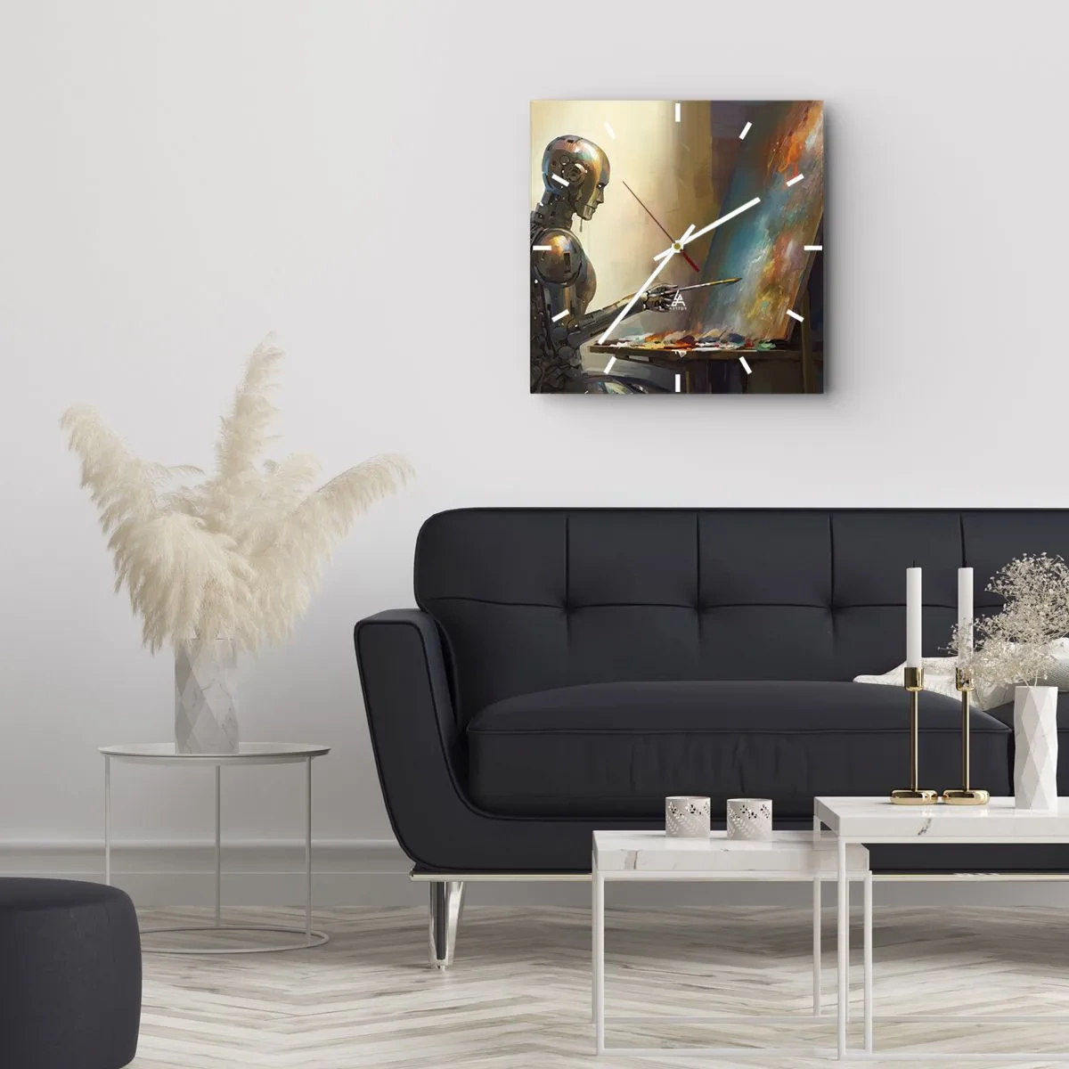 Zegar ścienny - Robot malujący na płótnie w artystycznym stylu - 30x30cm - Sztuka przyszłości - Nowoczesna dekoracja ścienna do salonu i sypialni ARTTOR