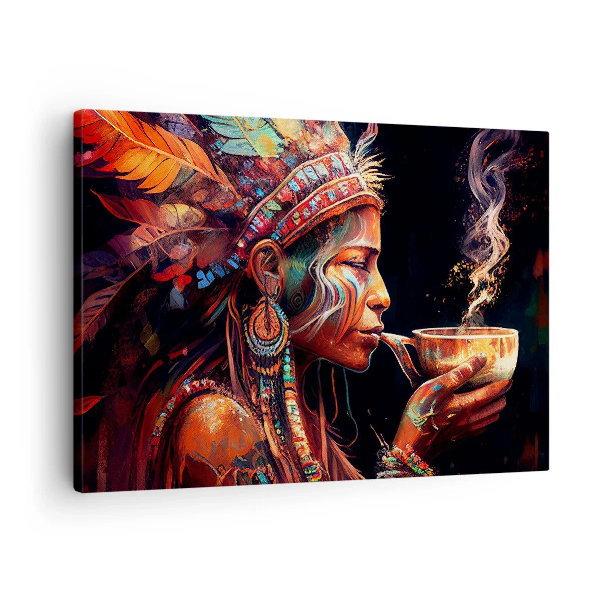 Obraz na płótnie - Kolorowa postać w stylu etnicznym z filiżanką parującego napoju - 70x50cm - Magiczny rytuał - Nowoczesna dekoracja ścienna do salonu i sypialni ARTTOR