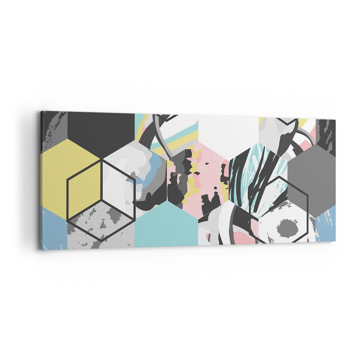 Obraz na płótnie - Geometryczny wzór heksagonów z kolorowymi abstrakcyjnymi detalami - 120x50cm - Sześciokąty i sześciany w sześciu barwach - Nowoczesna dekoracja ścienna do salonu i sypialni ARTTOR