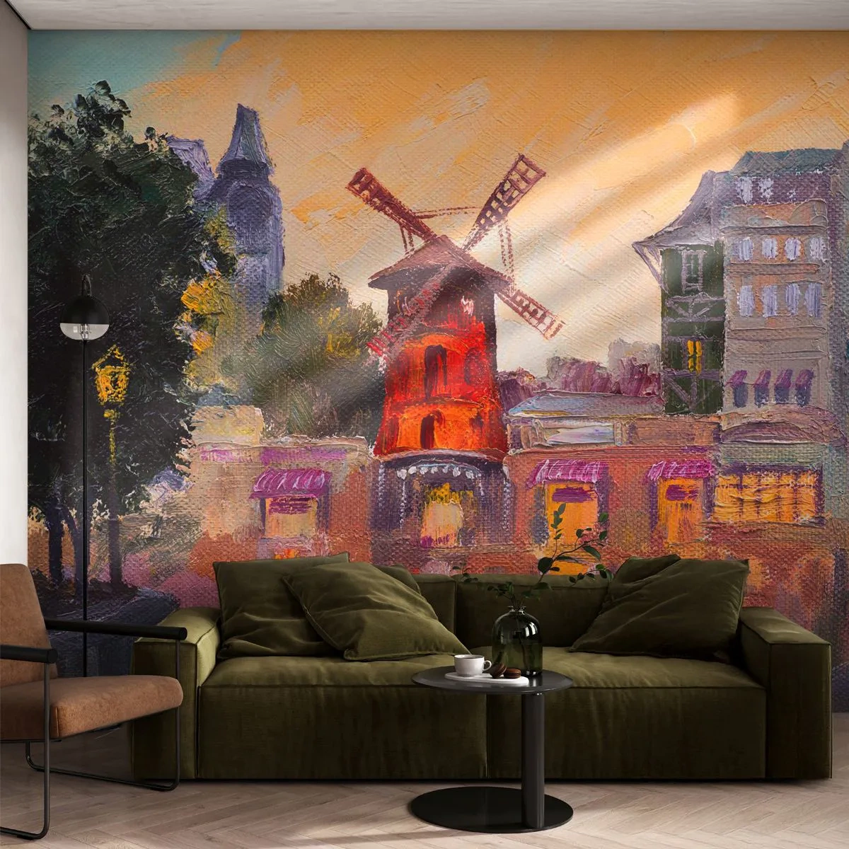 Fototapeta Premium Canvas - Czerwony wiatrak Moulin Rouge otoczony miejskim pejzażem - 100x70cm - Paryskie ikony – Moulin Rouge - Nowoczesna dekoracja ścienna do salonu i sypialni ARTTOR