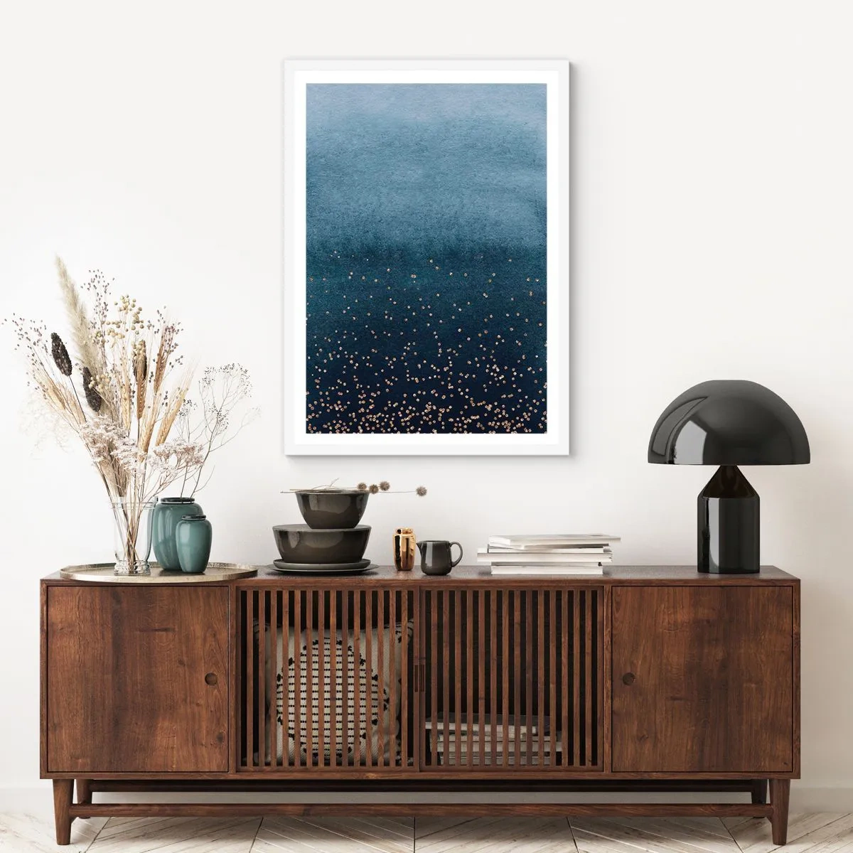 Plakat w białej ramie - Kompozycja – niebieskie fazy - 50x70 cm