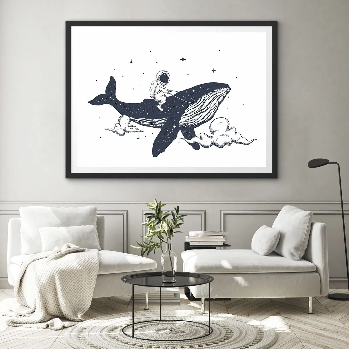 Plakat w czarnej ramie - Astronauta na wielorybie unoszącym się w kosmosie - 70x50cm - Kosmiczna przygoda - Nowoczesna dekoracja ścienna do salonu i sypialni ARTTOR
