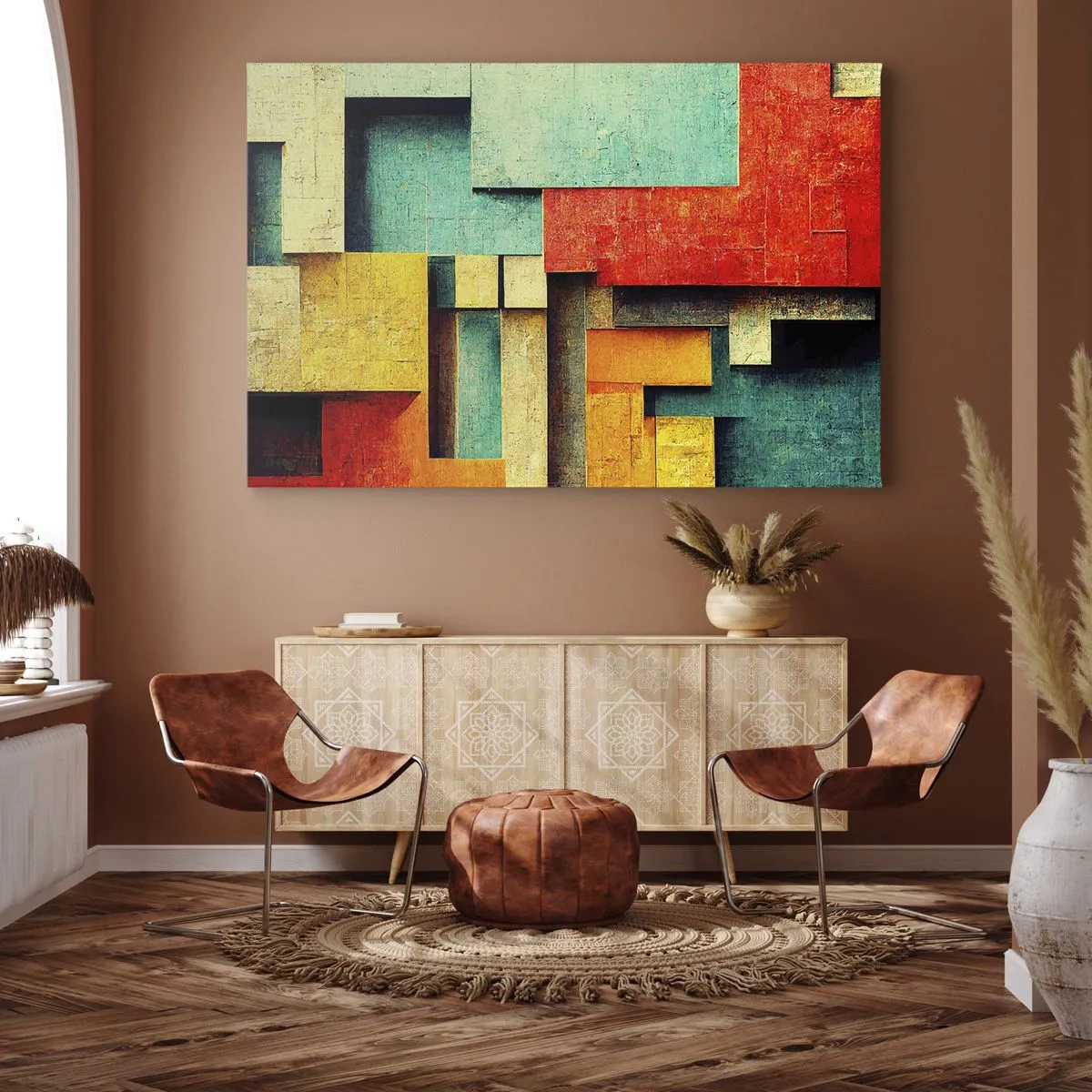 Obraz na płótnie - Abstrakcyjne geometryczne kształty w żywych kolorach - 70x50cm - Festiwal kątów prostych - Nowoczesna dekoracja ścienna do salonu i sypialni ARTTOR