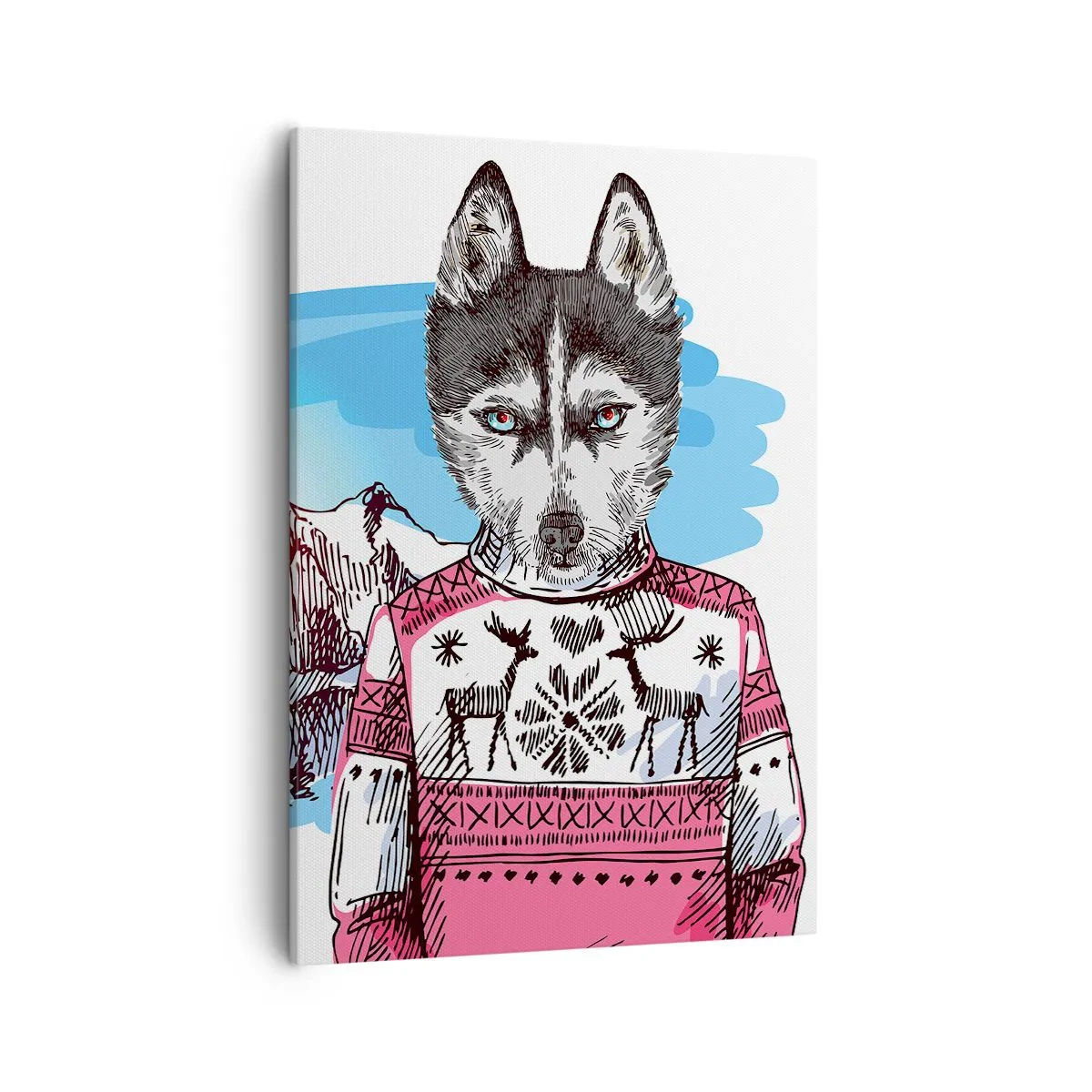 Obraz na płótnie - Ilustracja psa w zimowym swetrze na tle gór - 50x70cm - Wilk w owczej wełnie - Nowoczesna dekoracja ścienna do salonu, kuchni i sypialni ARTTOR