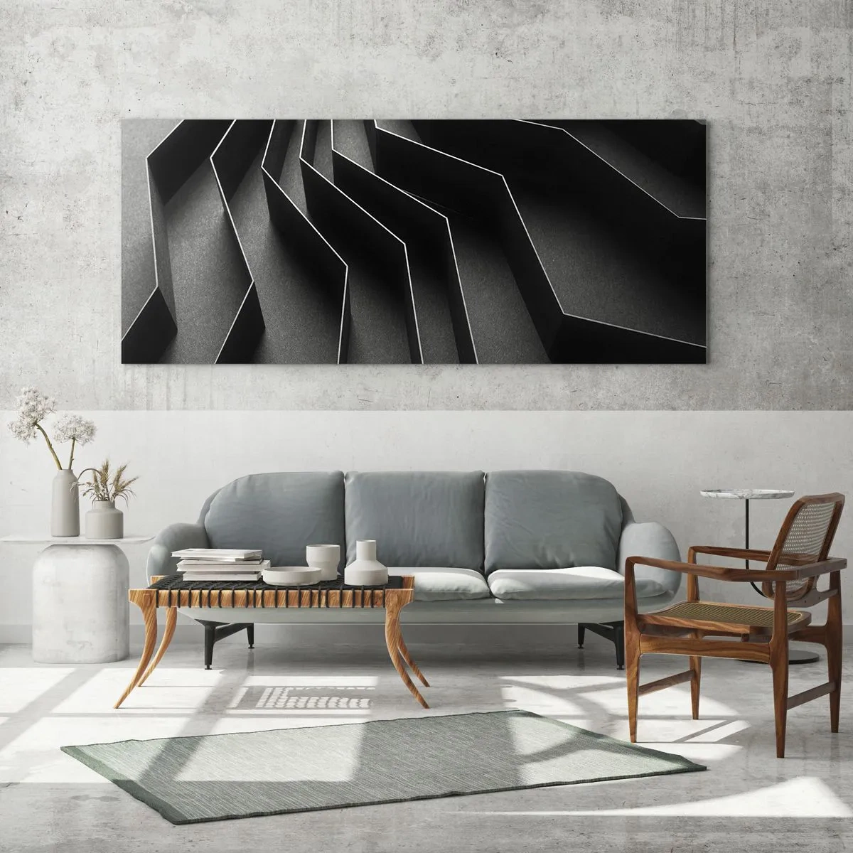 Obraz na szkle - Czarno-biała abstrakcja z geometrycznymi strukturami - 120x50cm - Przestrzenny porządek - Nowoczesna dekoracja ścienna do salonu i sypialni ARTTOR