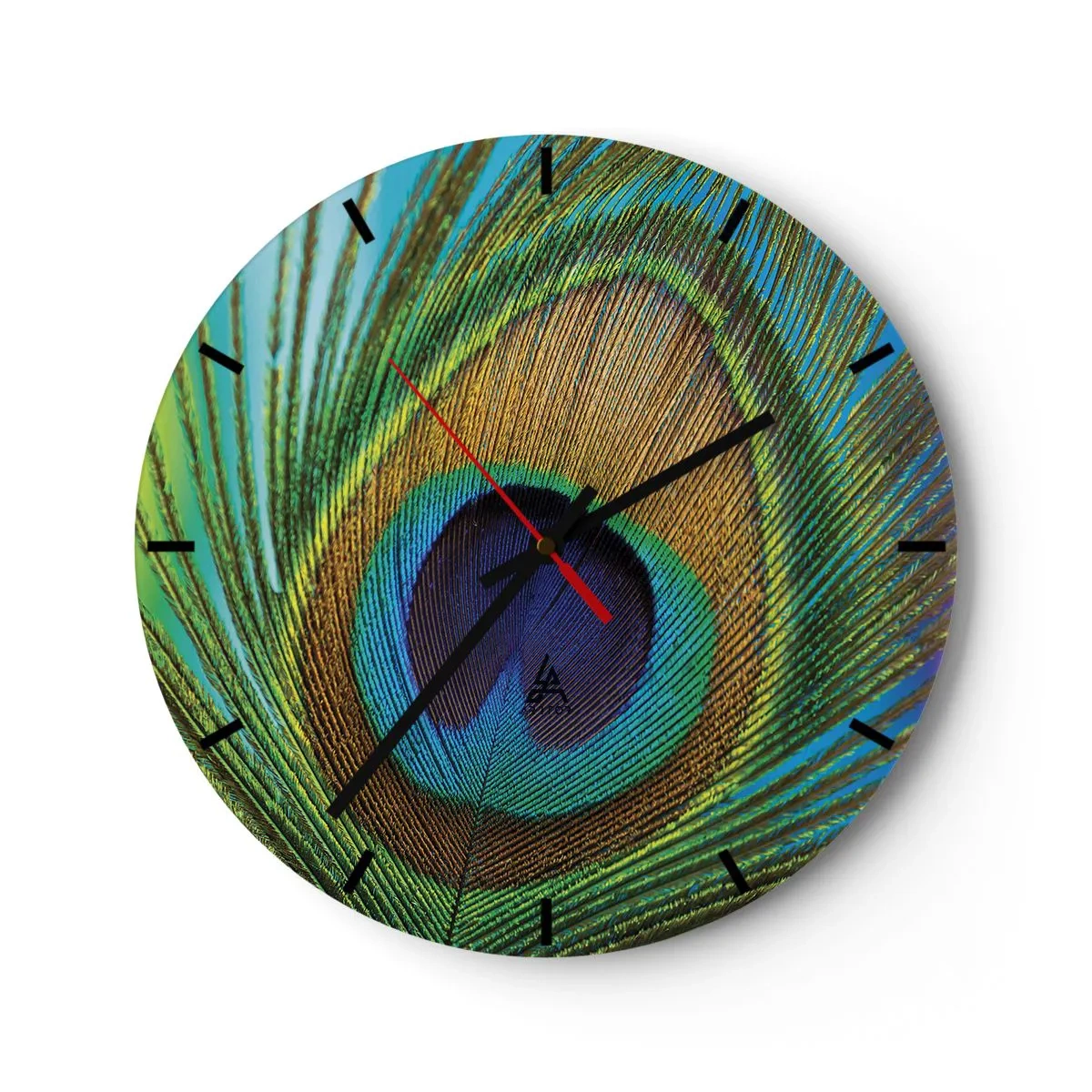 Zegar ścienny - Kolorowe pióro pawia w zbliżeniu - 30x30cm - Oko w oko - Nowoczesna dekoracja ścienna do salonu, kuchni i sypialni ARTTOR