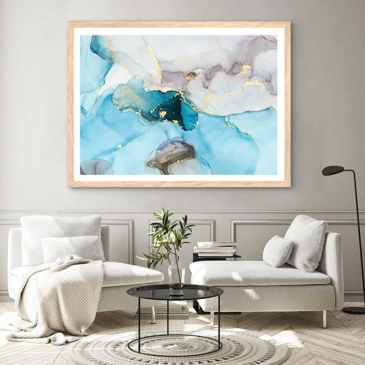 Plakat w ramie jasny dąb - Studium spotkania szarości z turkusem - 40x30 cm