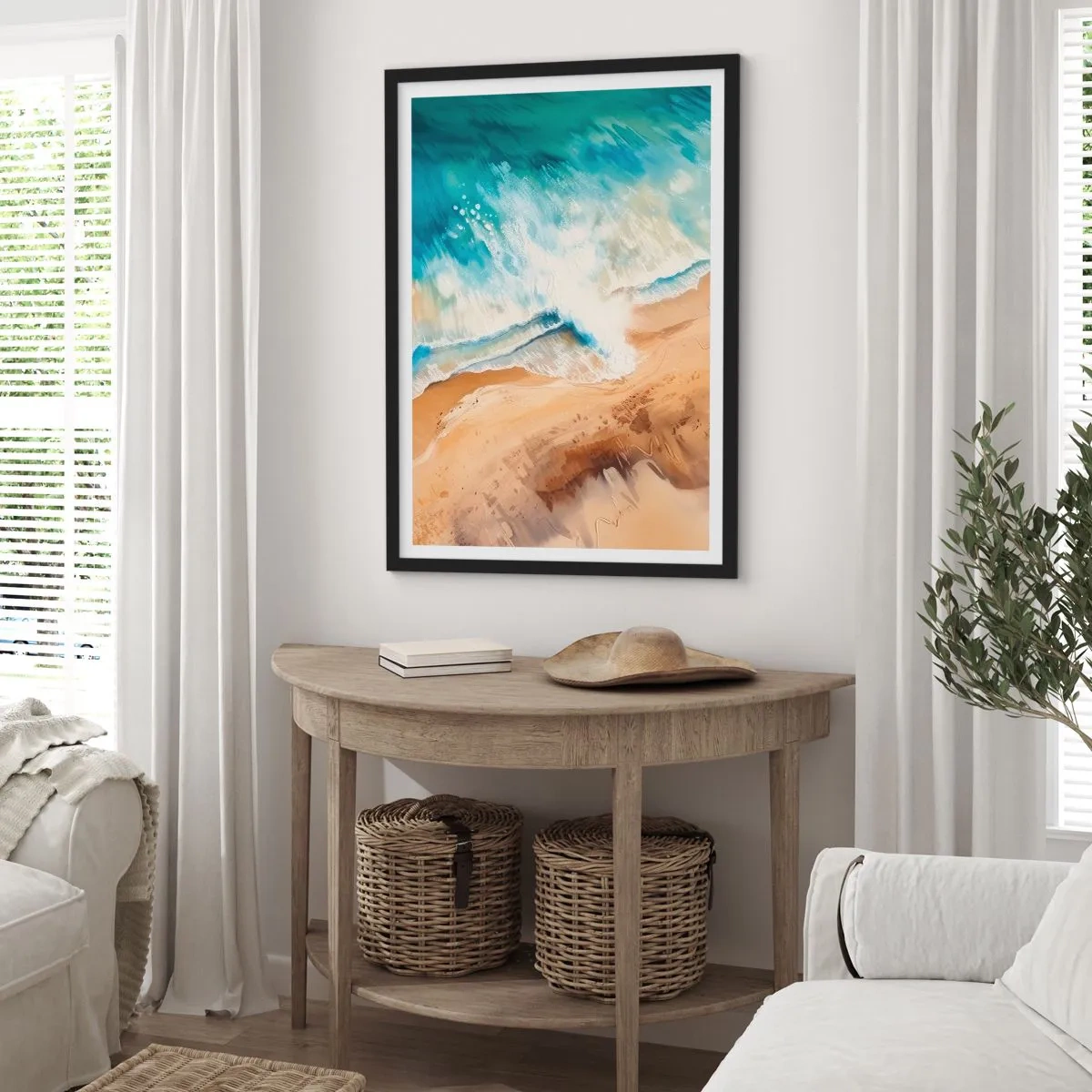 Plakat w czarnej ramie - Abstrakcyjna scena z falą uderzającą w brzeg w odcieniach turkusu i piasku - 50x70cm - Powracająca fala - Nowoczesna dekoracja ścienna do salonu i sypialni ARTTOR