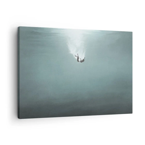 Obraz na płótnie - Postać zanurzająca się w głębokiej wodzie o turkusowym odcieniu - 70x50cm - W objęciach oceanu - Nowoczesna dekoracja ścienna do salonu i sypialni ARTTOR