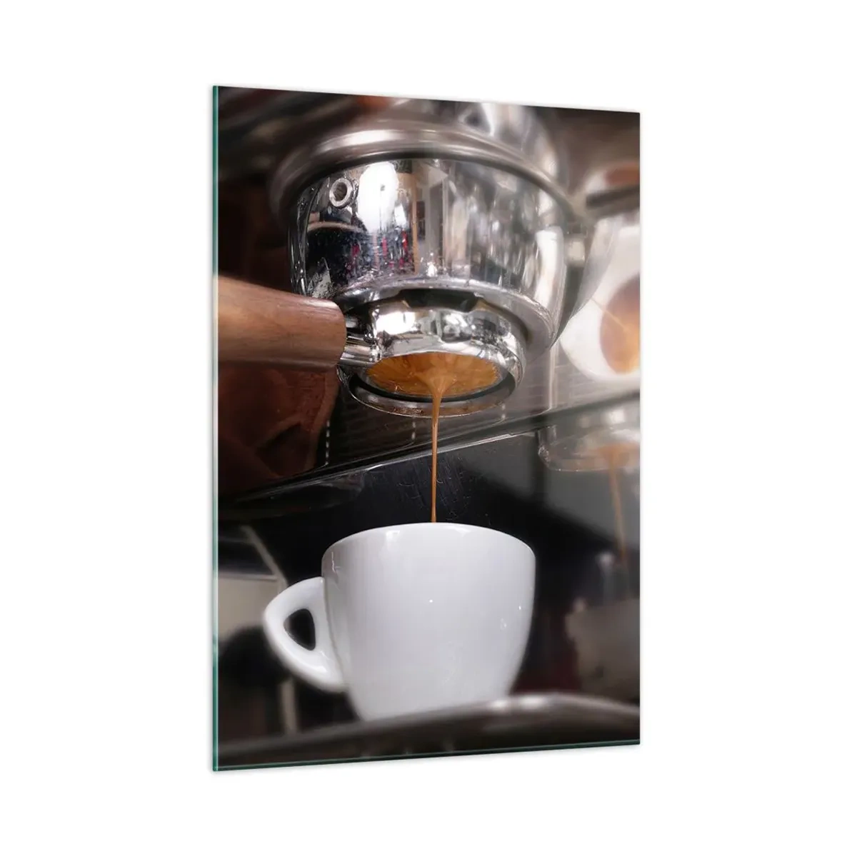 Obraz na szkle - Zbliżenie na filiżankę z kawą nalewaną z ekspresu ciśnieniowego - 50x70cm - Dobra chwila dnia - Nowoczesna dekoracja ścienna do salonu, kuchni i sypialni ARTTOR