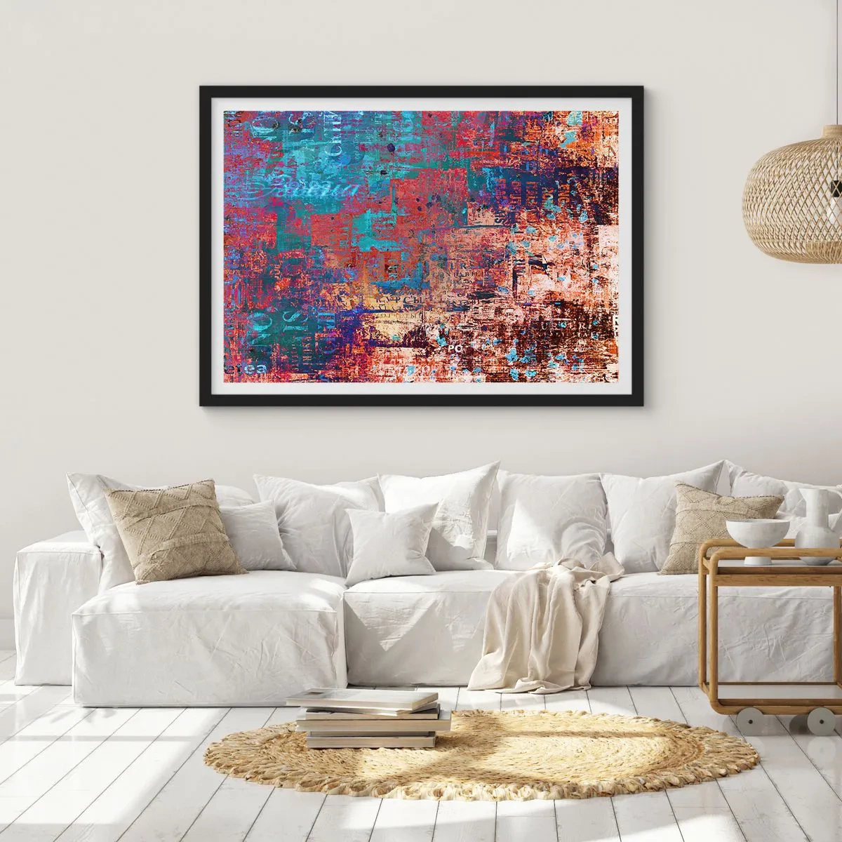 Plakat w czarnej ramie - Abstrakcyjna kompozycja z mieszanką intensywnych kolorów - 70x50cm - Pamięć i niepamięć - Nowoczesna dekoracja ścienna do salonu i sypialni ARTTOR