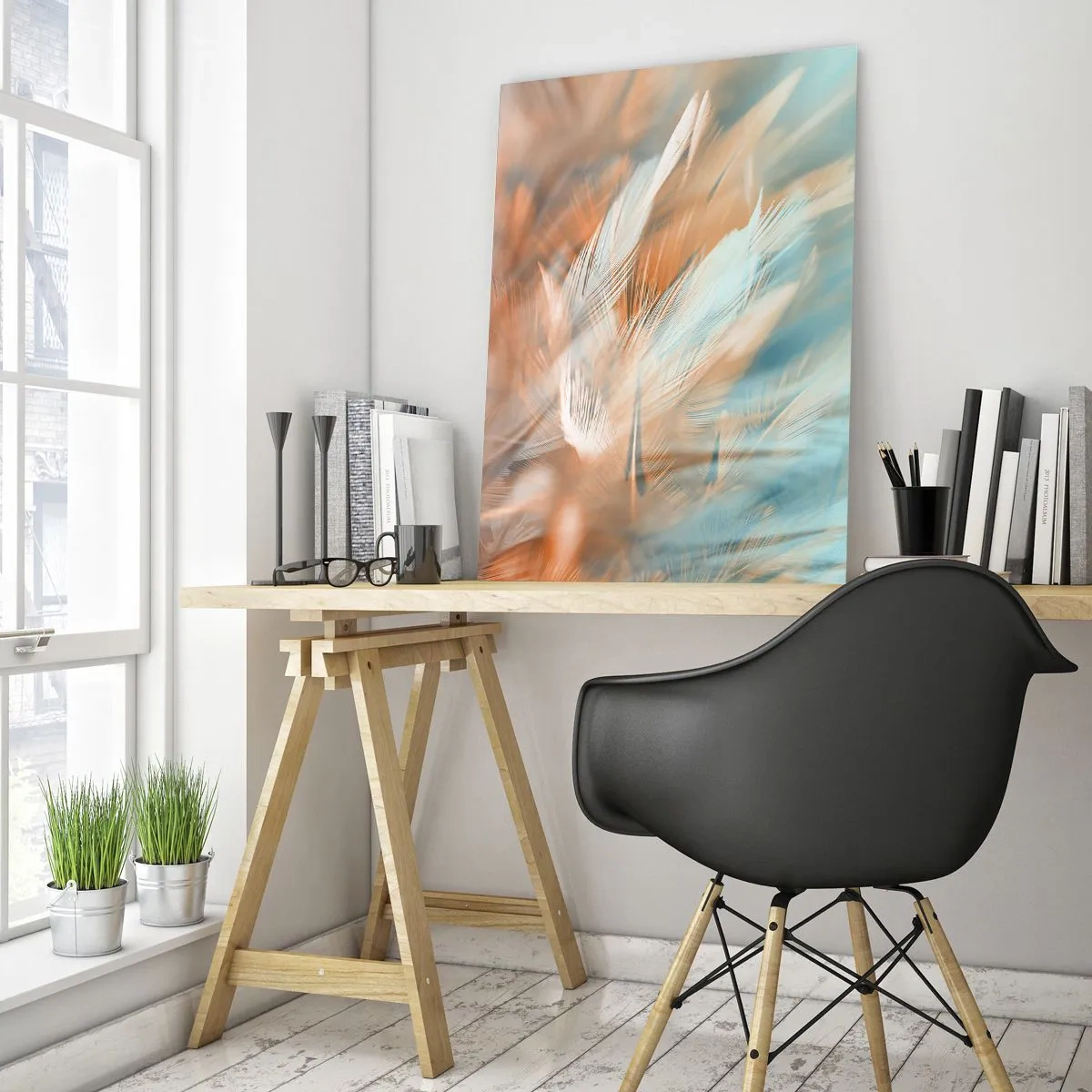 Obraz na szkle - Delikatne pióra w pastelowych odcieniach turkusu i brzoskwini - 50x70cm - W krainie łagodności - Nowoczesna dekoracja ścienna do salonu, kuchni i sypialni ARTTOR