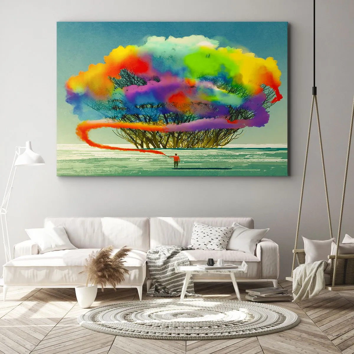 Obraz na płótnie - Postać z kolorowym dymem w tle drzewa na pustkowiu - 70x50cm - Ożywić ten świat - Nowoczesna dekoracja ścienna do salonu i sypialni ARTTOR