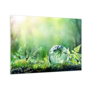 Obraz na szkle - Szklana kula z mapą świata na tle zielonej natury - 100x70cm - Zielona planeta - Nowoczesna dekoracja ścienna do salonu, kuchni i sypialni ARTTOR