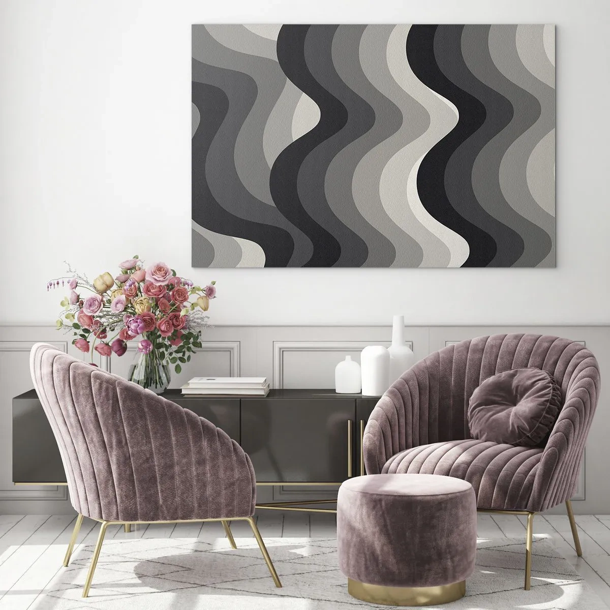 Obraz na szkle - Fale w odcieniach szarości tworzące rytmiczny, geometryczny wzór - 120x80cm - Fala za falą - Nowoczesna dekoracja ścienna do salonu, kuchni i sypialni ARTTOR