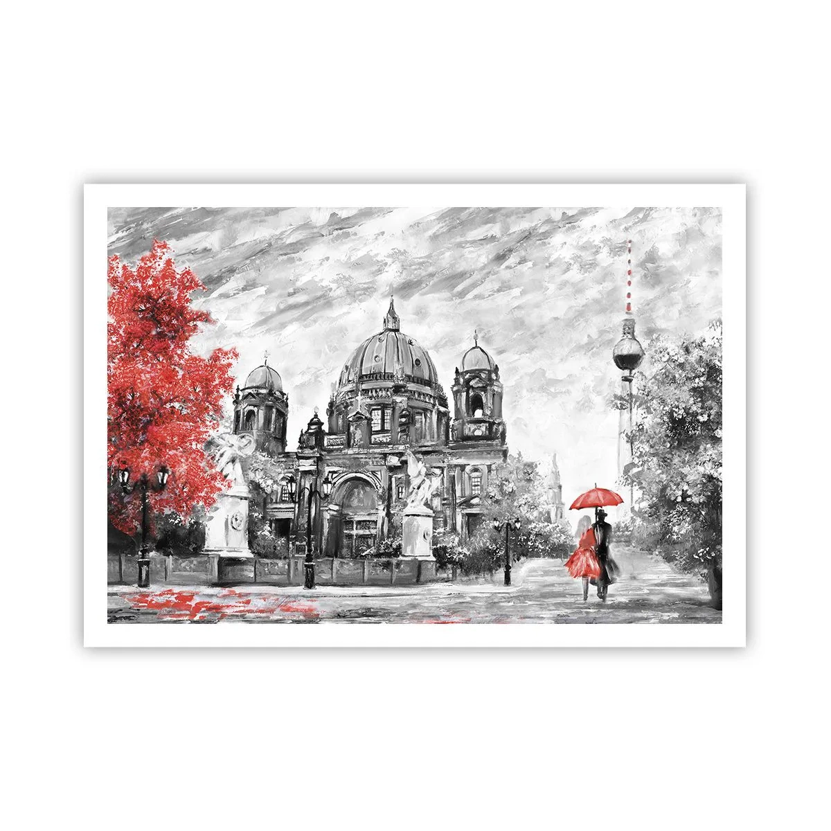 Plakat - Czarno-biała scena z Berlinem, czerwonym parasolem i drzewem - 100x70cm - Berlińskie spotkanie - Nowoczesna dekoracja ścienna do salonu i sypialni ARTTOR