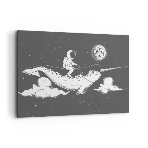 Obraz na płótnie - Astronauta na grzbiecie narwala unoszącego się w kosmicznej scenerii - 100x70cm - Kosmiczny jeździec - Nowoczesna dekoracja ścienna do salonu, kuchni i sypialni ARTTOR