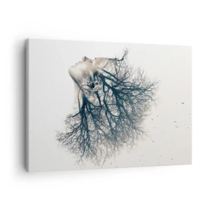 Obraz na płótnie - Twórcza sylwetka kobiety i drzew - 70x50cm - Zasłuchana w szept drzewa - Nowoczesna dekoracja ścienna do salonu i sypialni ARTTOR