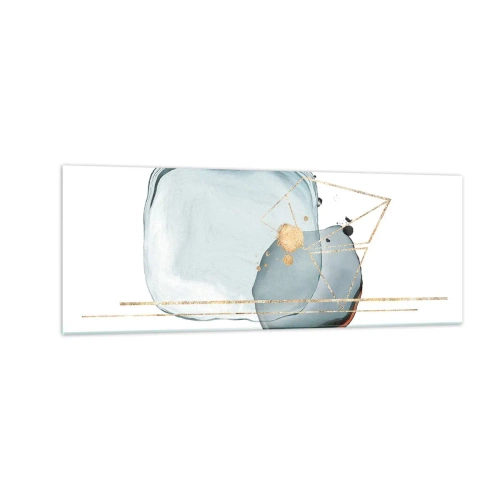Obraz na szkle - Abstrakcyjne formy w odcieniach błękitu i złota na białym tle - 140x50cm - Studium kropli - Nowoczesna dekoracja ścienna do salonu i sypialni ARTTOR