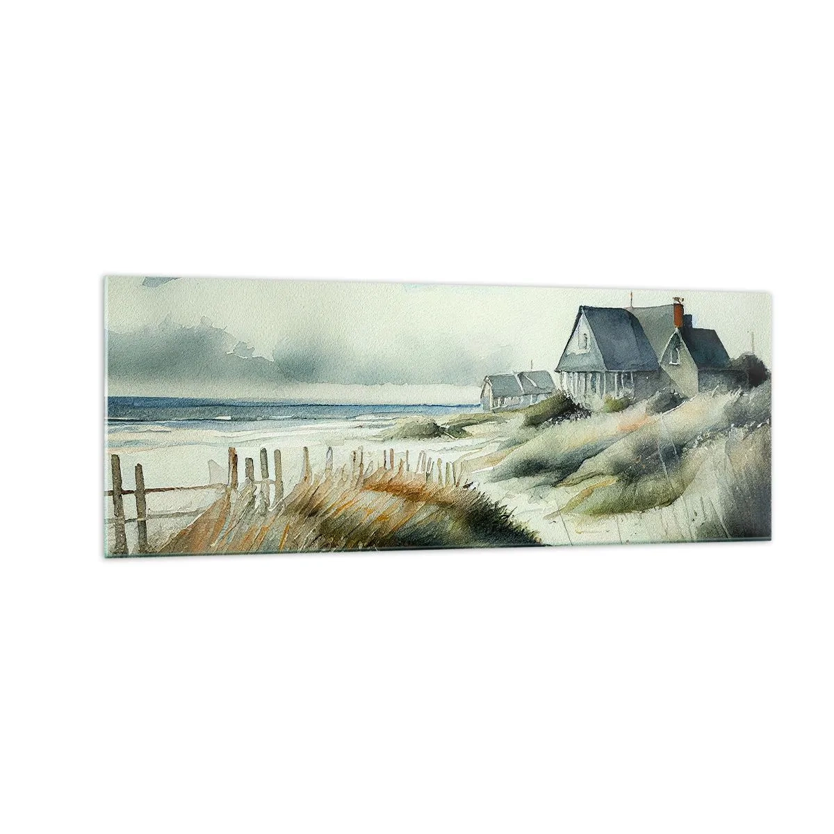Obraz na szkle - Dom nadmorski otoczony trawami i widokiem na morze - 140x50cm - Z dala od zgiełku - Nowoczesna dekoracja ścienna do salonu i sypialni ARTTOR