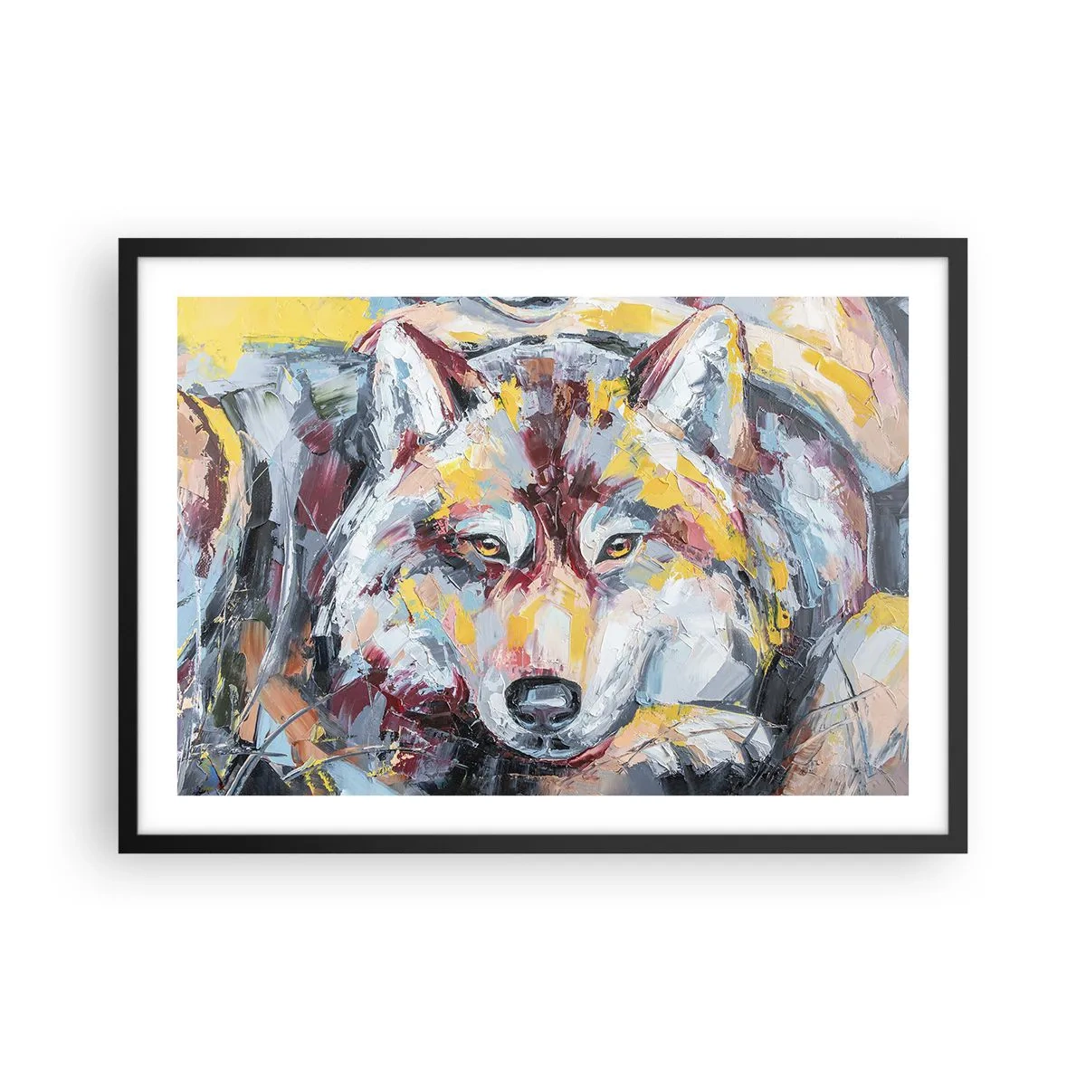 Plakat w czarnej ramie - Artystyczny portret wilka w intensywnych kolorach - 70x50cm - Spokój wśród bliskich - Nowoczesna dekoracja ścienna do salonu i sypialni ARTTOR