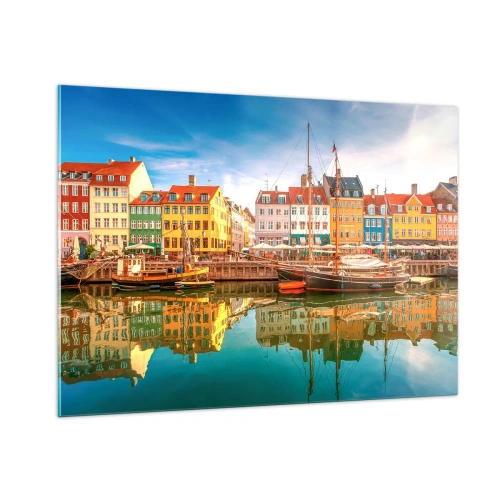 Obraz na szkle - Kolorowe domy nad kanałem z odbiciem w wodzie - 100x70cm - Nad wodą gładką jak lustro - Nowoczesna dekoracja ścienna do salonu, kuchni i sypialni ARTTOR