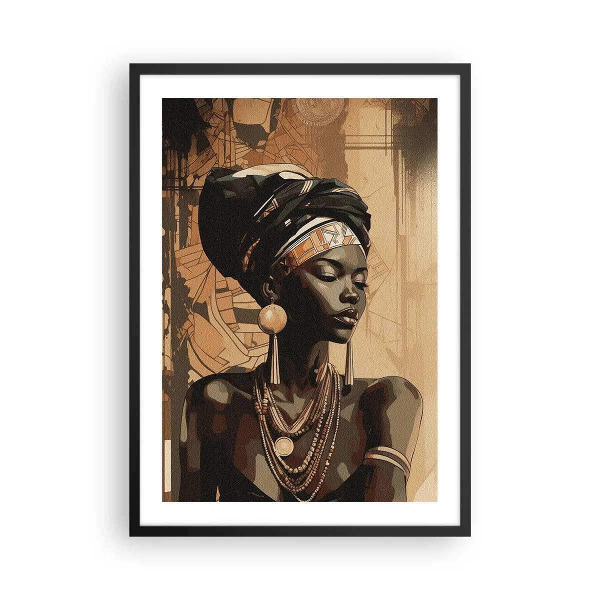 Plakat w czarnej ramie - Portret afrykańskiej kobiety w tradycyjnych ozdobach - 50x70cm - Afrykański majestat - Nowoczesna dekoracja ścienna do salonu i sypialni ARTTOR