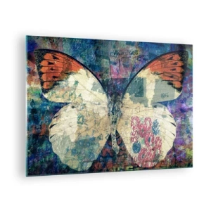 Obraz na szkle - Kolorowy motyl na abstrakcyjnym tle w odcieniach niebieskiego i pomarańczowego - 70x50cm - Subtelna kruchość - Nowoczesna dekoracja ścienna do salonu i sypialni ARTTOR