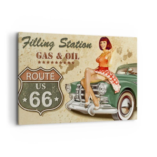 Obraz na płótnie - Plakat retro Route 66 z pin-up dziewczyną i samochodem - 100x70cm - Wspaniałe lata 40. - Nowoczesna dekoracja ścienna do salonu, kuchni i sypialni ARTTOR