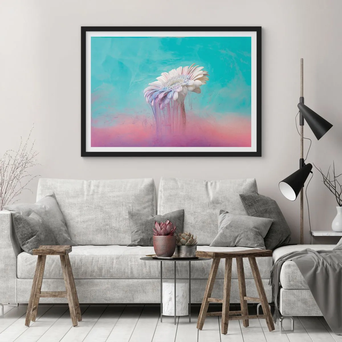 Plakat w czarnej ramie - Pastelowa gerbera z efektem rozmycia - 100x70cm - Zaświaty kwiatów - Nowoczesna dekoracja ścienna do salonu i sypialni ARTTOR