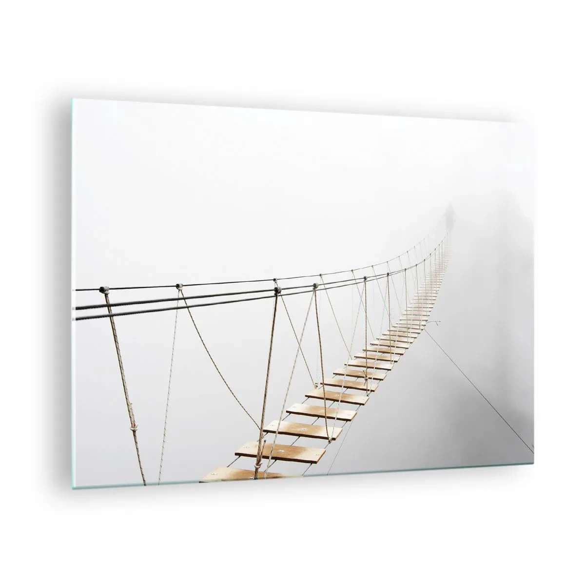 Obraz na szkle - Wiszący most we mgle prowadzący w nieznane - 70x50cm - Dokąd cię zaprowadzi? - Nowoczesna dekoracja ścienna do salonu i sypialni ARTTOR