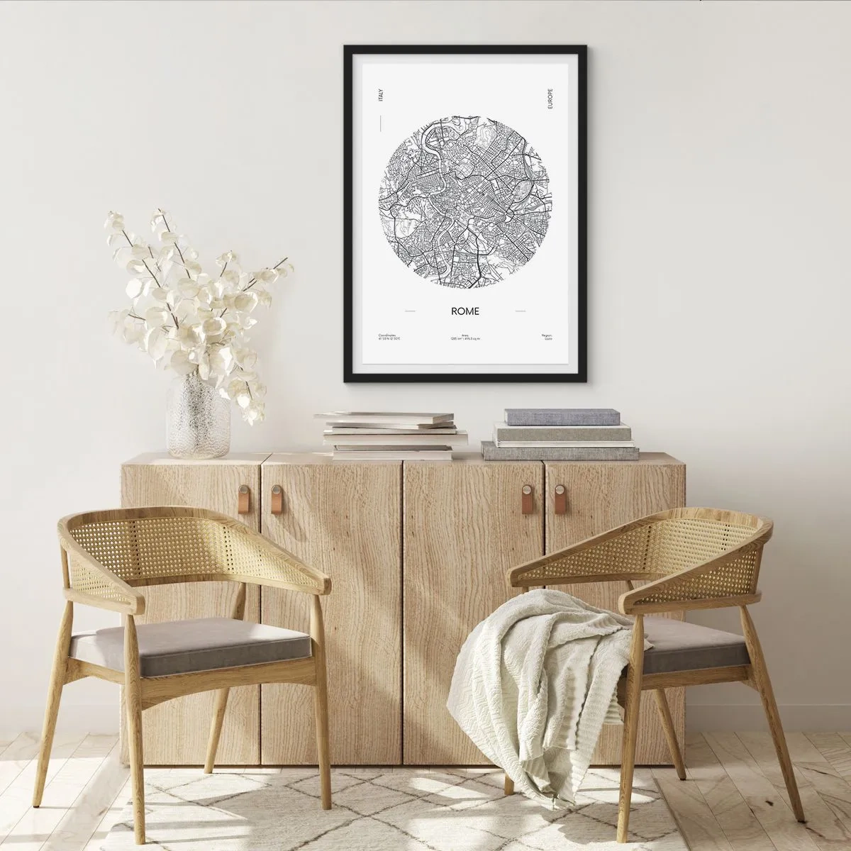 Plakat w czarnej ramie - Minimalistyczna mapa Rzymu w czarno-białej tonacji - 50x70cm - Anatomia Rzymu - Nowoczesna dekoracja ścienna do salonu i sypialni ARTTOR