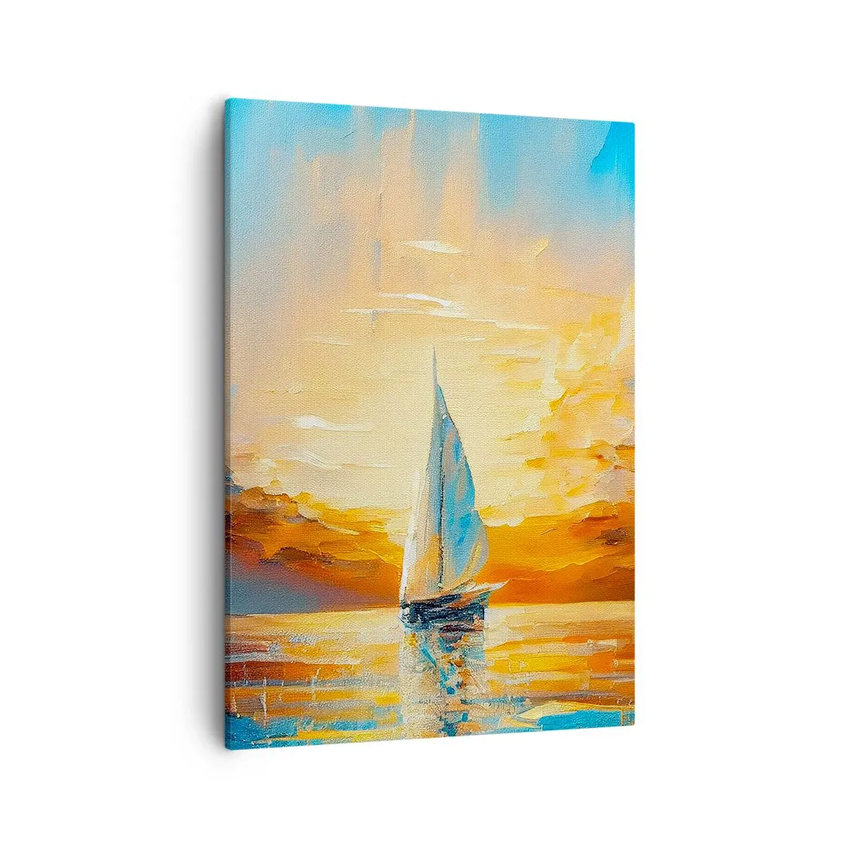Obraz na płótnie - Żaglówka na wodzie w blasku zachodzącego słońca - 50x70cm - Żegluga w złocie - Nowoczesna dekoracja ścienna do salonu, kuchni i sypialni ARTTOR