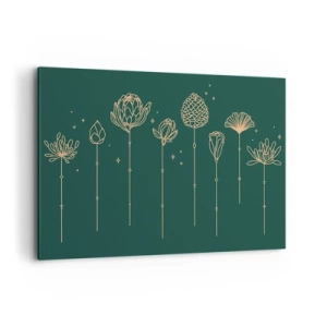Obraz na płótnie - Złote rysunki ziół na tle ciemnozielonym - 100x70cm - Rodzina ZIÓŁkowskich - Nowoczesna dekoracja ścienna do salonu, kuchni i sypialni ARTTOR