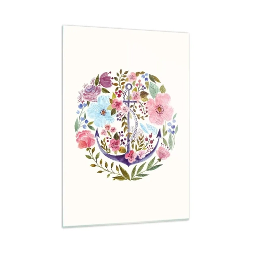 Obraz na szkle - Kotwica w otoczeniu kolorowych kwiatów akwarelowych - 50x70cm - Dobry sen żeglarza - Nowoczesna dekoracja ścienna do salonu, kuchni i sypialni ARTTOR